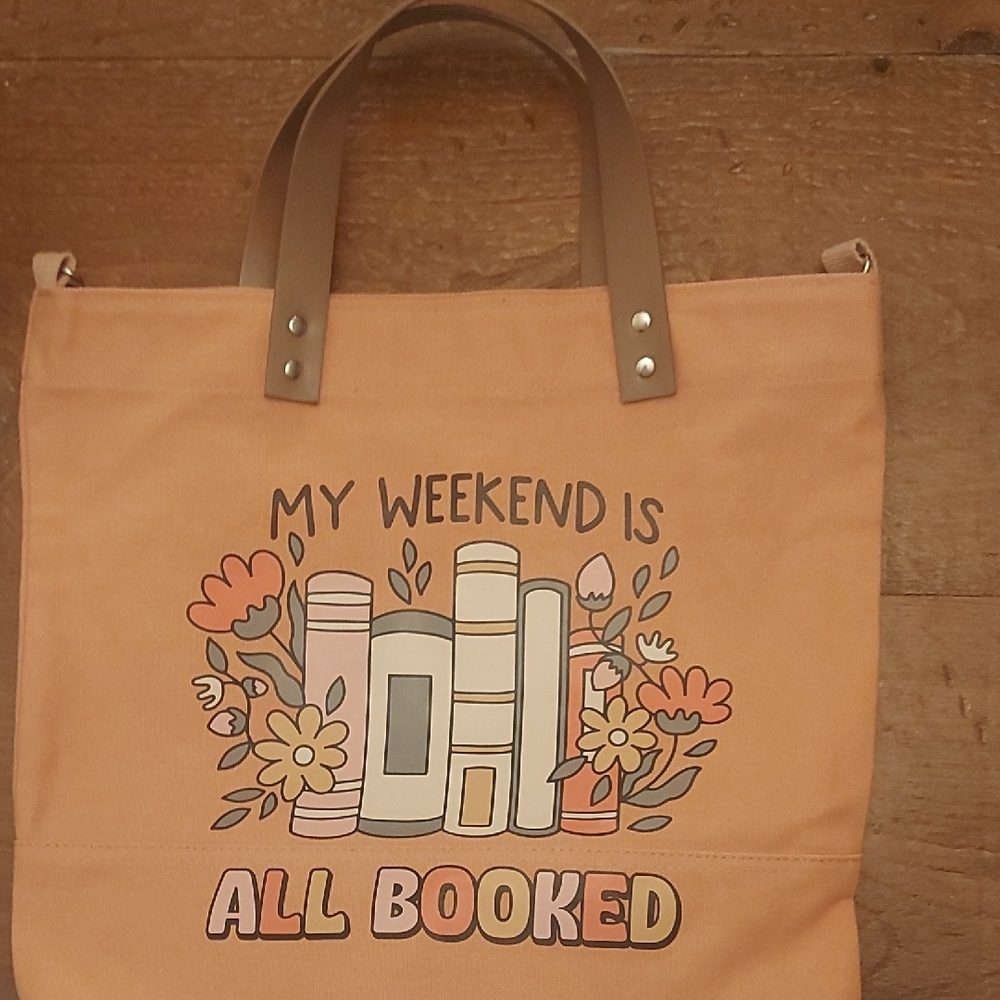 SOLD Peach Canvas Tote Bag with Book Design